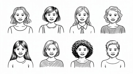 Diverse women portraits collection for profile pictures or avatar designs, representing inclusivity and modern style, perfect for social media or business websites