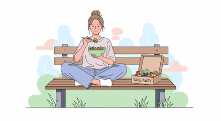 Woman Enjoying A Salad In The Park With Take Away Fruits