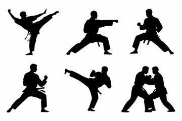 Dynamic karate silhouettes showcase powerful martial arts moves and combat sparring for an action packed visual.