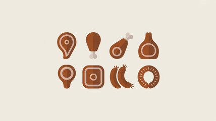 Modern flat icons collection showcasing various delicious meat products and cuts, perfect for culinary themes and menus