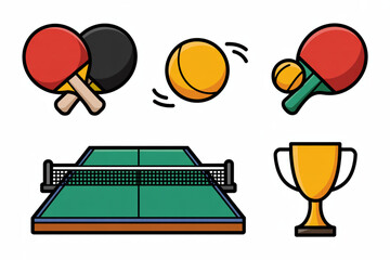 Dynamic table tennis icons capture the thrill of the game with paddles, ball, net, and trophy for sports marketing and design.