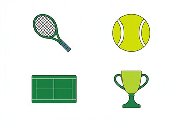 Celebrate victory with this dynamic collection featuring a tennis racket, ball, court, and trophy, perfect for sports enthusiasts and champions.