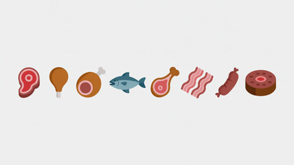 Delicious collection of grilled meats, poultry, fish, and savory bacon icons for culinary inspiration and food service.