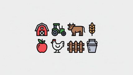 Vibrant farm icons featuring a barn, tractor, cow, wheat, apple, chicken, fence, and milk jug for agricultural themes