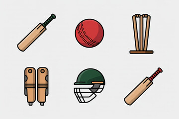 Dynamic collection of essential cricket equipment including bats, ball, stumps, helmet and pads for sports enthusiasts and athletes