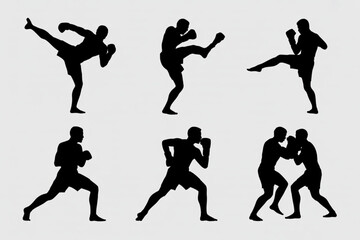 Dynamic martial artists performing powerful kicks and punches in athletic poses ready for combat action