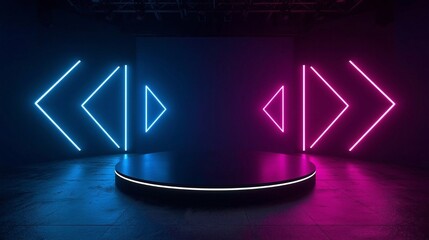 Futuristic Stage with Glowing Arrows and a Dark Backdrop | Digital Presentation Concept