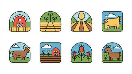 Charming farm icons featuring barns, animals, fields, and flowers evoke rural life and agricultural themes for modern projects.