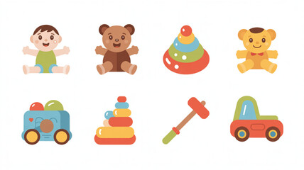 Adorable collection of cute baby toys including teddy bears, stacking rings, a toy car, and a baby figure, perfect for children's themes.