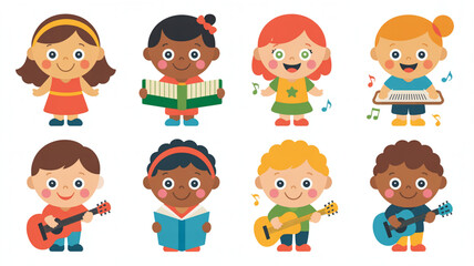 Diverse happy children joyfully playing musical instruments and reading books, fostering creativity and learning in a vibrant, playful scene.