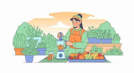 Woman Prepares Healthy Smoothie With Fresh Fruits In The Garden