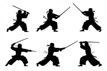 Dynamic silhouettes of samurai warriors in action, showcasing powerful sword stances and martial arts mastery for an impactful visual narrative.