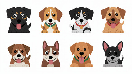 Adorable cartoon puppies with happy expressions and diverse breeds create a joyful and charming collection, perfect for pet-themed designs