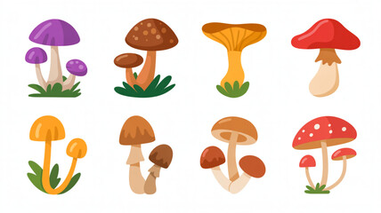 Vibrant and whimsical cartoon mushrooms in assorted colors and styles, perfect for playful designs and nature themes