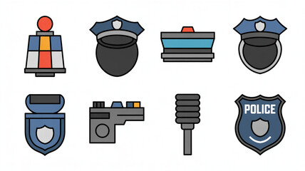 Police gear icons for law enforcement and crime prevention, perfect for presentations or educational materials about safety and community protection