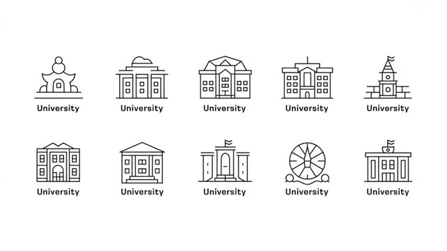 Modern university building icons representing higher education institutions and academic campuses for educational design projects