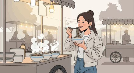 Young Woman Enjoying Noodles At Street Food Vendor