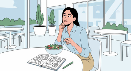 Young Woman Enjoying Lunch While Doodling In Her Sketchbook