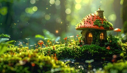 Enchanted Mushroom House in a Lush Forest