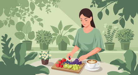 Young Woman Preparing Healthy Fruit Platter In Green Interior