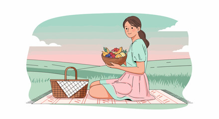 Young Woman Enjoying Picnic Outdoors With Fresh Fruits In The Bowl