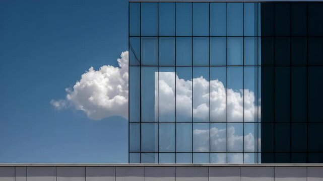 A fluffy white cloud floats beside a modern glass office building under a clear blue sky.