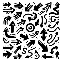 Black And White Seamless Sketchy arrow Elements, Line art, Pattern Sketch Style Isolated. Set Hand Drawn Doodle icon arrows And cursor Illustration In Engraving Style, scribble, strokes