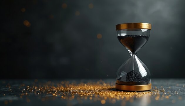An empty hourglass on a dark background represents passing time. The classic shape of the glass with black sand symbolizes deadlines. Conceptual photo related to business time management.