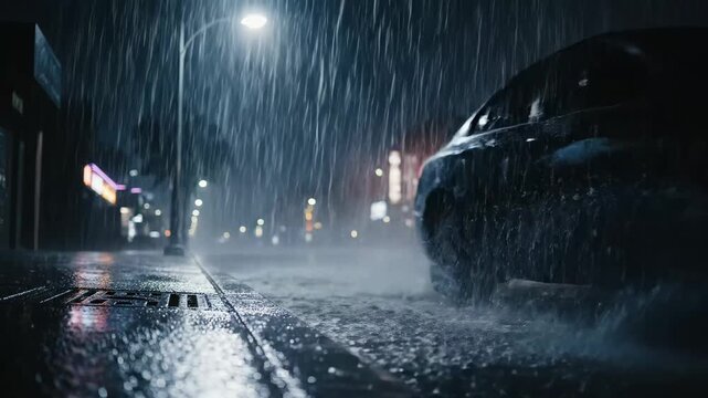 City Street in Heavy Rain at Night - A dark, wet street scene with heavy rain falling. A car is driving through the rain, its headlights illuminating the downpour.