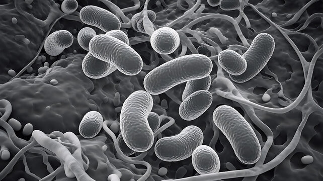 Electron microscope simulation of a mitochondria network inside a eukaryotic cell showing a grayscale realistic biology background for scientific and educational visualization