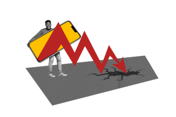 Creative collage young shocked man holding smartphone touchscreen dynamic arrow stats crack economy loss bankruptcy business failure