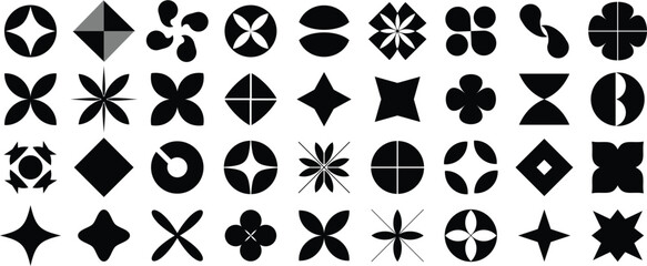 Minimal geometric flower and petal symbol collection in bold black shapes, modern abstract vector pattern, design, background, graphic, concept
