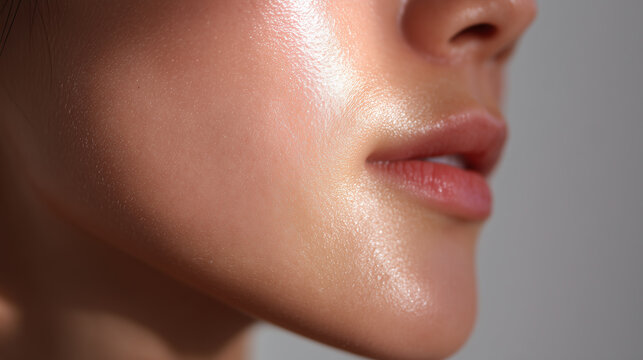 Smooth female jawline glowing skin close up natural beauty healthy complexion soft lighting youthful Asian woman macro detail serene expression