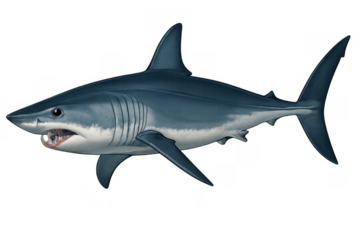 Mako shark swimming, fierce ocean predator, marine animal illustration with open mouth and sharp teeth on transparent background