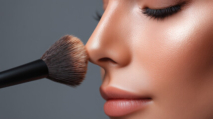 Close up of asian female nose contour with smooth skin, natural makeup, and soft lighting, makeup brush applying powder, beauty and elegance, calm expression, flawless complexion