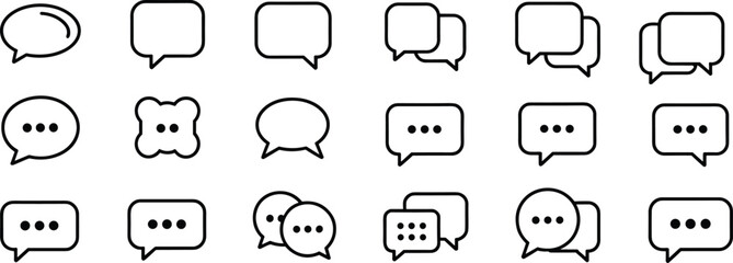 Speech bubble icons, chat symbols, digital communication elements, message balloon graphics, conversation shapes, ellipsis bubbles, overlapping chat icons, vector outline, UI design assets