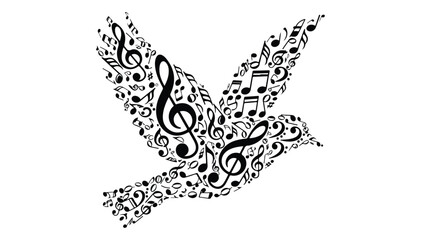 Elegant dove silhouette formed by intricate musical notes and symbols, embodying harmony, peace, and the universal language of creative sound expression