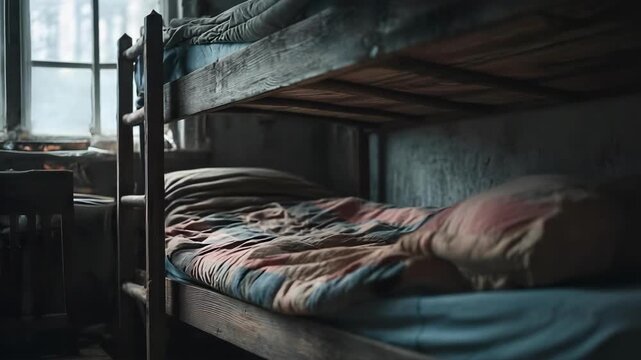Dim dorm room with metal bunk beds and rumpled blankets under a moody window.