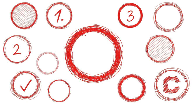 Bold red hand drawn circles and numbers create dynamic visual elements for modern designs, presentations, or educational materials, highlighting key points with clear emphasis.