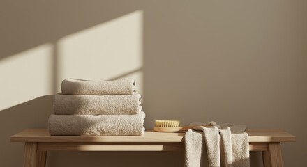 Stacked Terry Cloth Towels and Wooden Brush on a Table with Sunlight Shadows folded beige