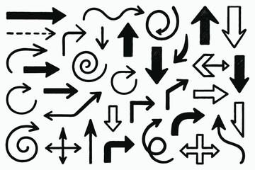 Black And White Seamless Sketchy arrow Elements, Line art, Pattern Sketch Style Isolated. Set Hand Drawn Doodle icon arrows And cursor Illustration In Engraving Style, scribble, strokes