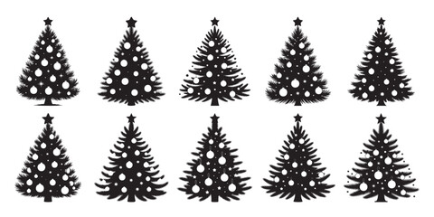 A collection of ten black silhouette Christmas trees, each decorated with ornaments and a star topper, isolated on a white background.