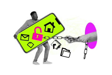 Composite trend artwork 3D sketch image photo collage of young guy stand hold smartphone lock password chain pull data file information