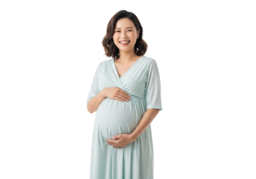Young asian pregnant woman, wearing a light soft blue dress, smiling and holding the belly - Powered by Adobe