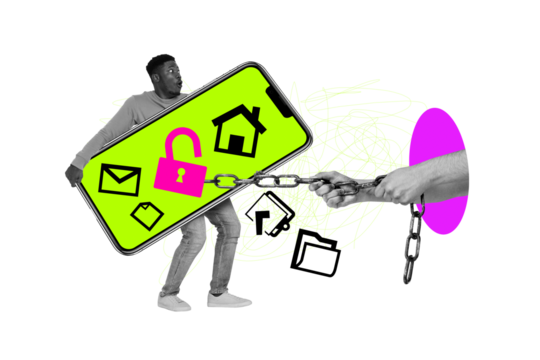 Composite trend artwork 3D sketch image photo collage of young guy stand hold smartphone lock password chain pull data file information