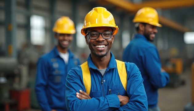 Group of smiling men in industrial work. Workers wear protective gear including helmets and blue overalls. Portrait of happy employees. Team work industry concept. Focus on safety at the job. - Powered by Adobe