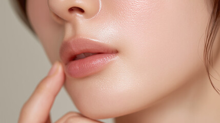 Obraz premium Smooth skin natural makeup soft lighting close up of asian female jawline and lips with finger gently touching healthy complexion beauty skincare serene mood
