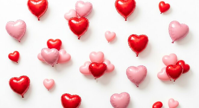 Vibrant red and pink heart-shaped balloons float joyfully, creating a festive and romantic atmosphere perfect for celebrations and expressions of love.