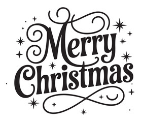Black and white decorative 'Merry Christmas' text with festive stars and swirls, perfect for holiday greetings and designs.