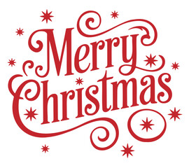 Festive red calligraphy design with the words 'Merry Christmas' and decorative star accents.